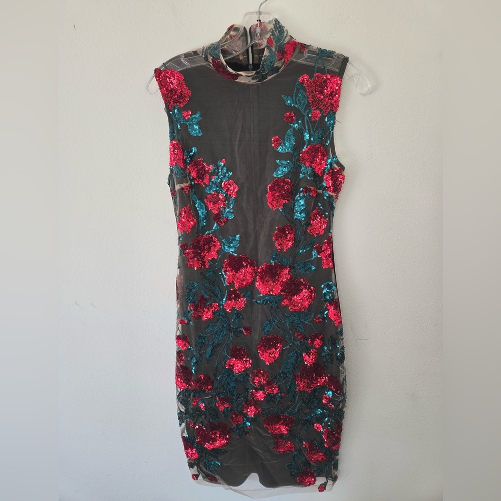 Sequin Floral Mesh Sheer Illusion Dress Red Teal Black Cocktail Party L